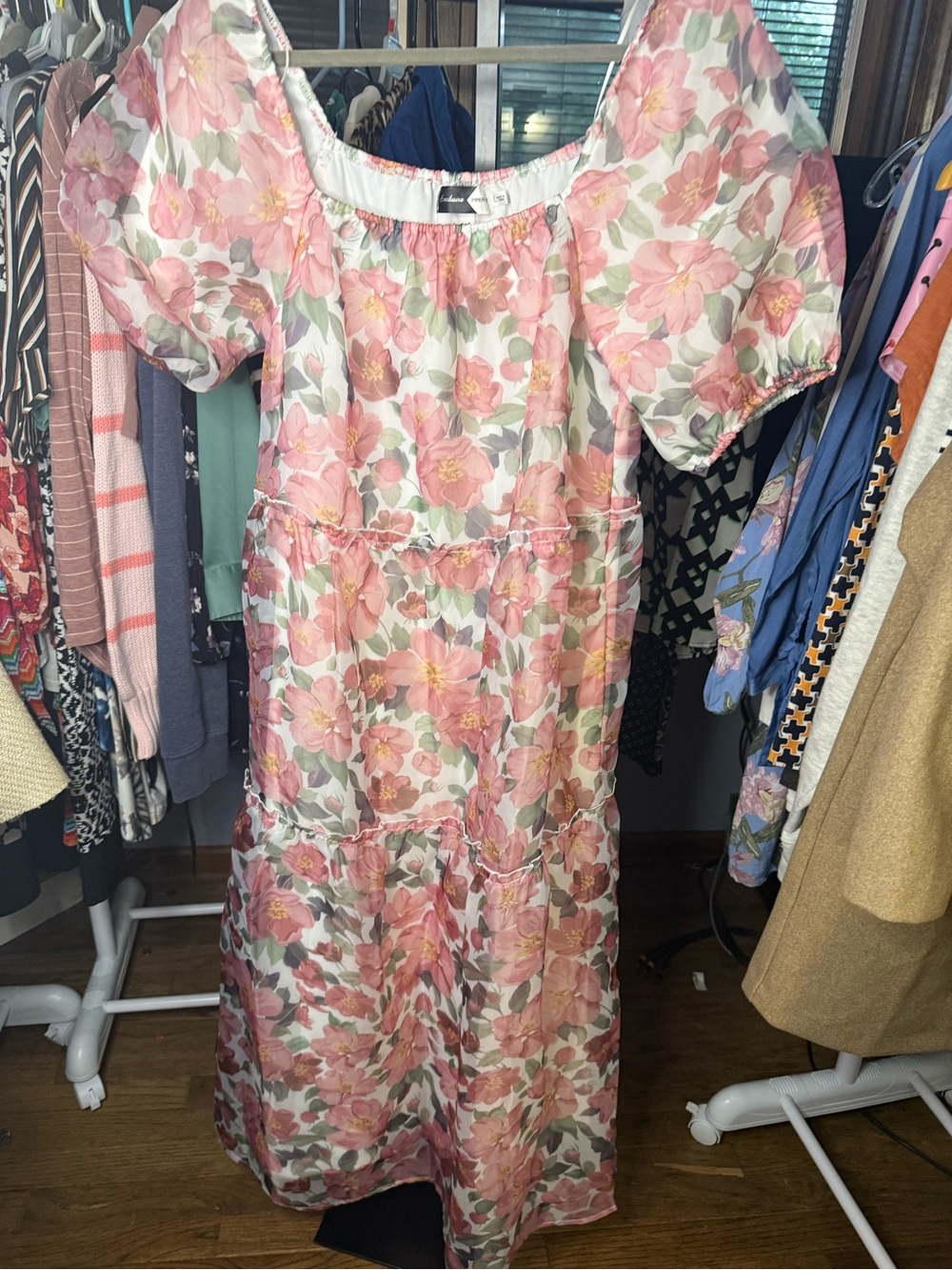 Piper & Scoot exclusive L Floral Pink Puff-Sleeve Tiered Maxi Dress
